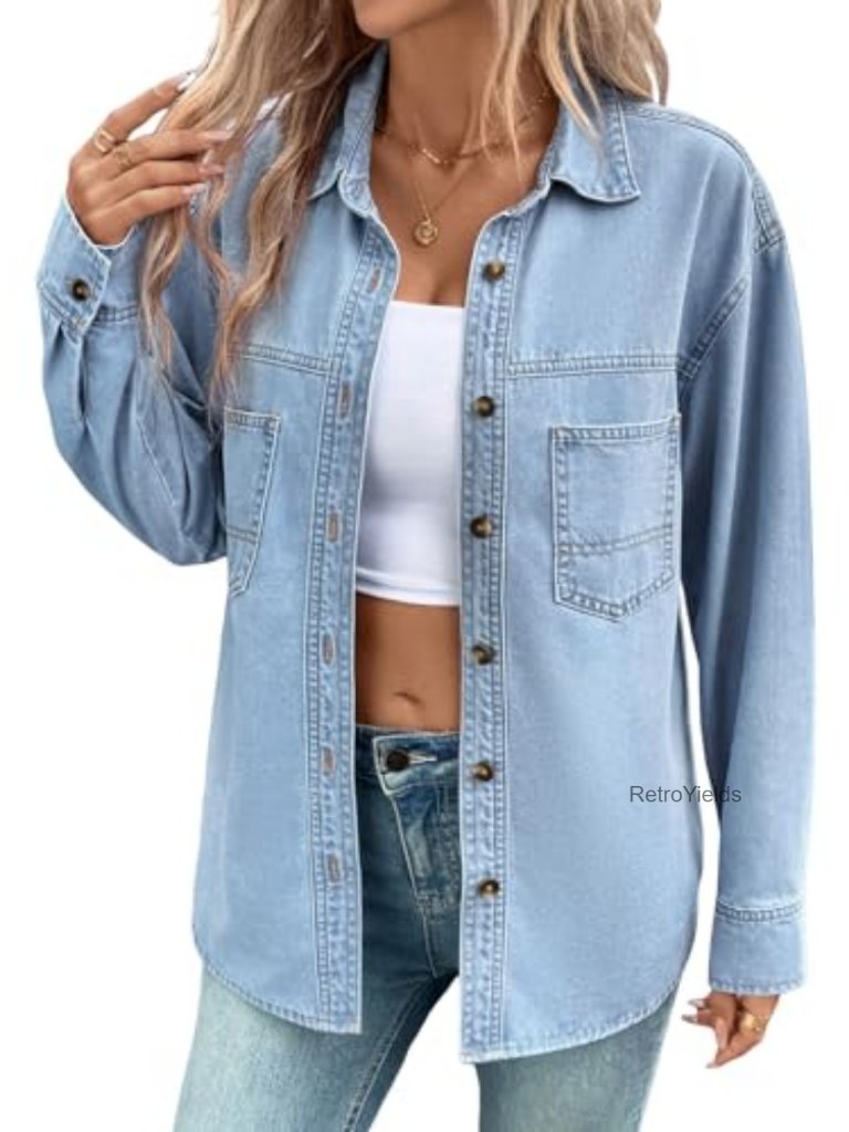 Oversized Denim Shirt Long Sleeve Button Down Blouse Casual Cotton